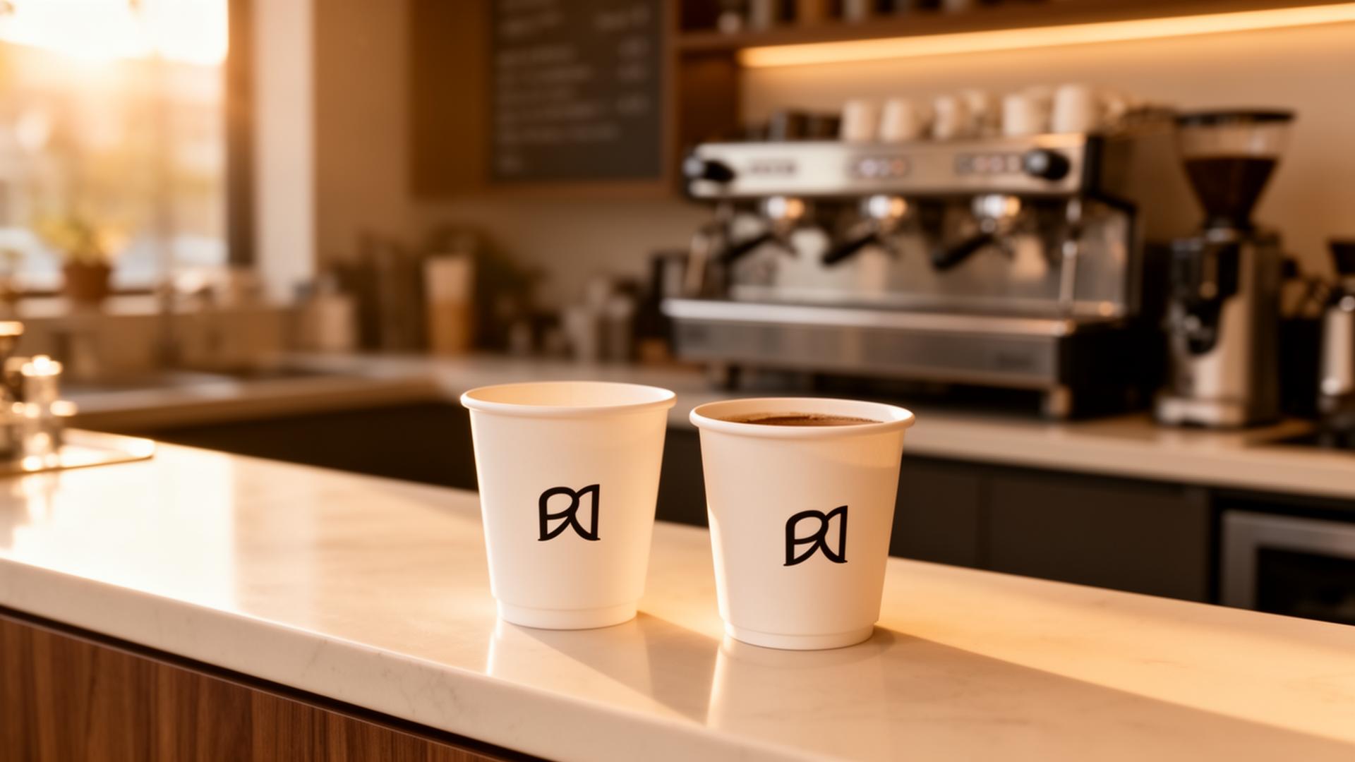 Two custom-branded coffee cups on a cafe counter at golden hour